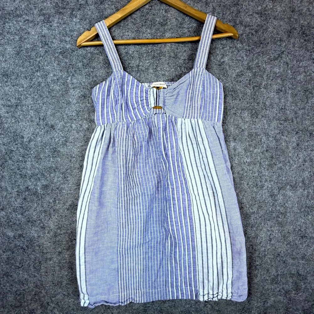 Lucky Brand Cutout Babydoll Dress Women XS Blue White Striped Smocked Back